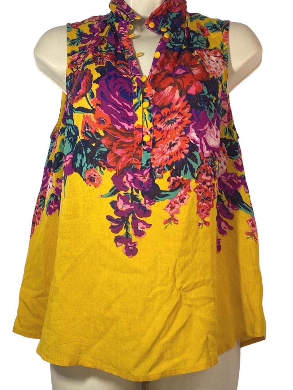 Meadow Rue Yellow Floral Ruffle-Neck Sleeveless Blouse